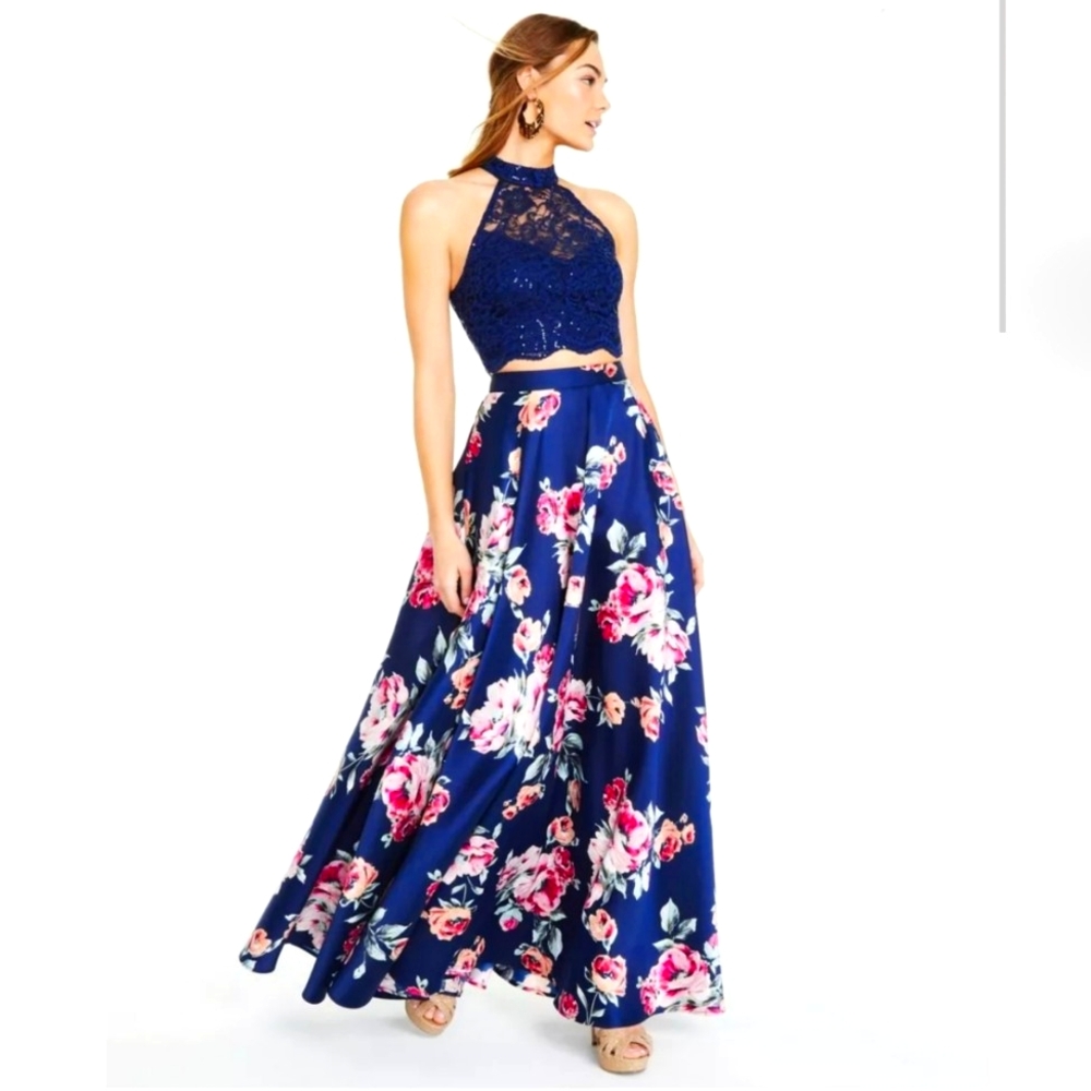👗 CITY STUDIO TWO PIECE SET NAVY FLORAL GOWN 👗